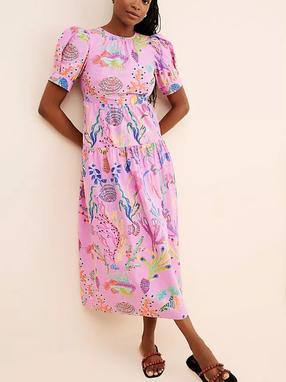 Banjanan Valeria Pink Seashell & Botanical Midi Dress